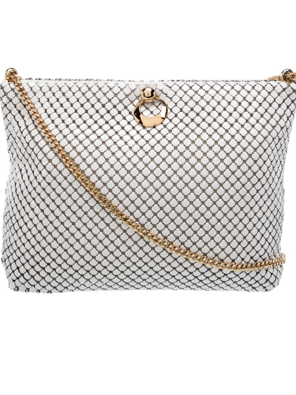 Whiting & Davis White Mesh Chain Shoulder Bag with Gold Ring